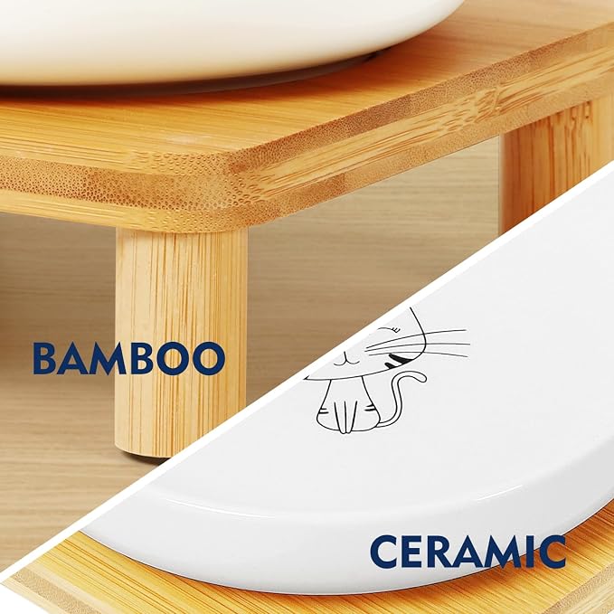 DoogCat Elevated Cat Bowls for Indoor Cats – Raised Bamboo Cat Food Table with 2 Ceramic Dishes, Adjustable Height (4.25"/3.07"), Whisker Friendly Feeding Station
