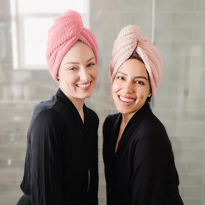 ROLSHOL Extra Large 4 Pack Microfiber Hair Towel Wrap for Women Super Absorbent & Quick Dry Hair Drying Towels with Button, Hair Turbans for Curly Hair Long & Short Hair - Anti-Frizz Coral Pink