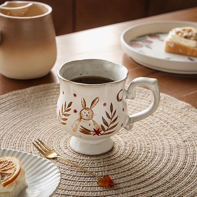 10 oz Footed Ceramic Mug, White & Brown Glazed Coffee Cup, Rustic Decorative Tea Cup with Bunny & Star Pattern for Home Office, Dishwasher & Microwave Safe