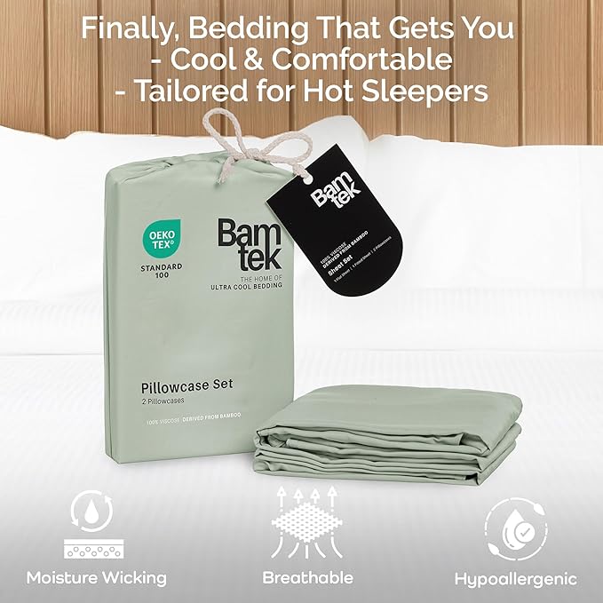 Pillow Cases King Size Set of 2 Pillowcases 100% Viscose from Bamboo Cooling Pillowcases, Soft & Breathable Pillow Case with Envelope Closure, Green Pillow Cases (Sage)