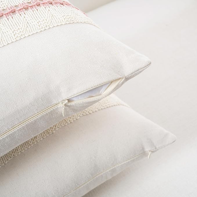 Fancy Homi Set of 2 Boho Pink Decorative Throw Pillow Cover 22x22 Inch for Couch Bed Sofa, Aesthetic Modern Organic Farmhouse Home Decor, Soft Cotton Cute Accent Macrame Woven Cushion Case