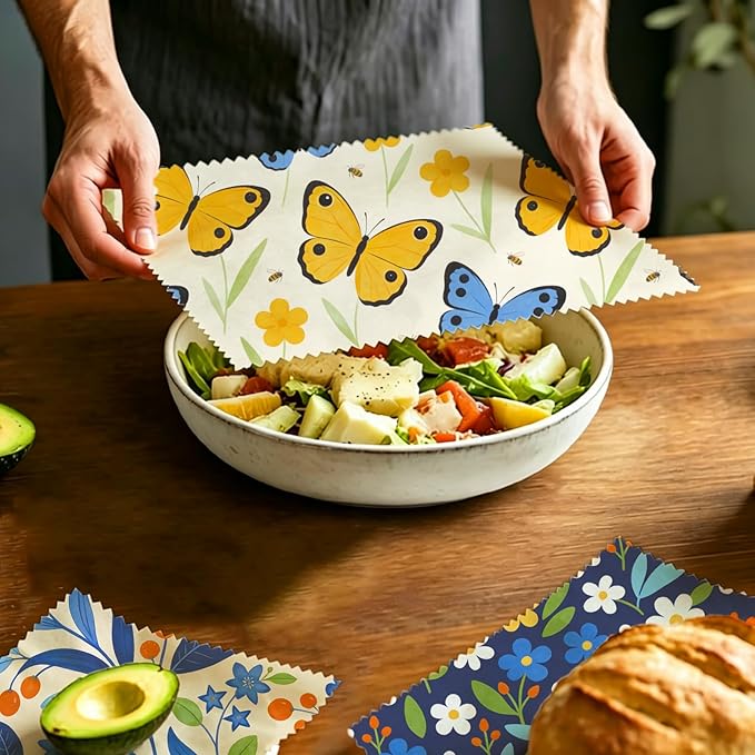 Reusable Beeswax Wrap, 9 Pack Eco-Friendly Beeswax Wraps For Food, Organic, Sustainable, Biodegradable, Zero Waste, Plastic-Free Food Storage, 1XL, 3M, 5S (Butterfly, Floral & Leaves)