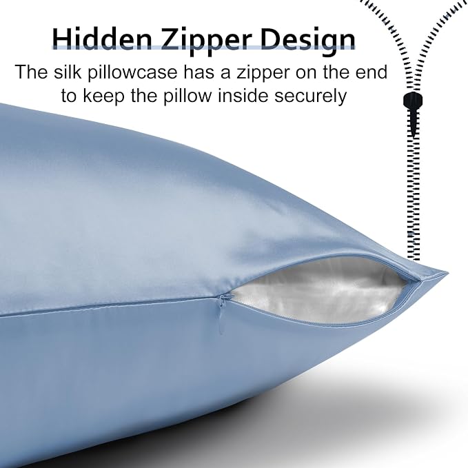 Ravmix Silk Pillow Cases with Zipper, 21momme Mulberry Silk Pillowcase for Hair Skin Health, Soft Smooth Breathable Cool Pillow Cover for Beauty Sleep with Gift Box 1PC(King 20"x36", Flint Blue)