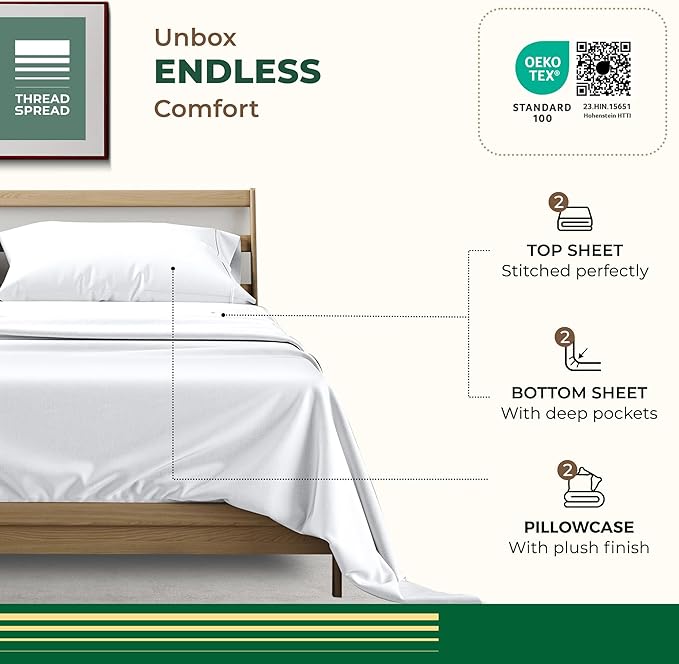THREAD SPREAD 100% Organic Cotton Sheet Set Pack of 2 - Organic Cotton Twin XL Size Percale Weave Sheet Set, Soft, Cooling, Crisp & Breathable, 16" Deep Pocket Hotel Quality Bedding Set - White