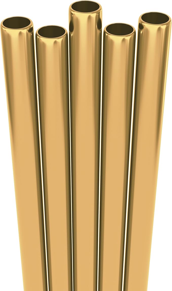 Fiesta First 5 Short Stainless Steel Straws with Cleaning Brush. 6.3" Long Metal Cocktail Straws Reusable, 12-14 oz Tumblers, Kids Smoothies, Shakes - Dishwasher Safe Hard Drinking Straws. GOLD