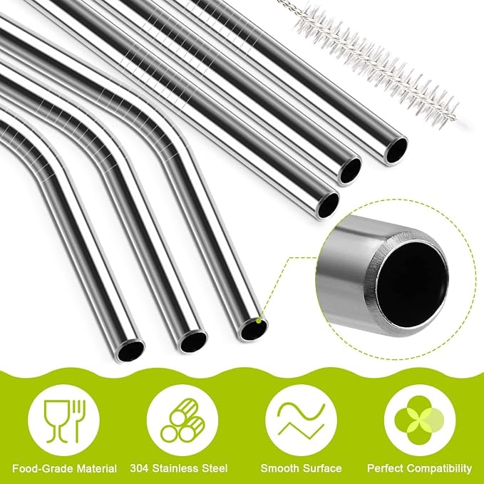 6 Pack Reusable Stainless Steel Straws Replacement for Stanley 40oz Cup Adventure Tumbler, 12.2" Metal Straws with Cleaning Brush & Storage Bag