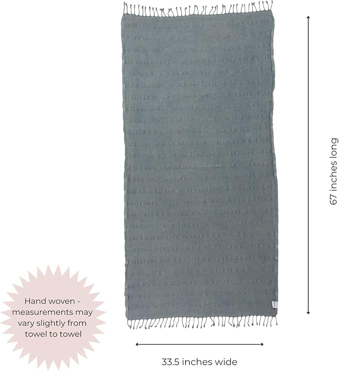 InfuseZen Stonewashed Turkish Cotton Bath and Beach Towel - Denim Blue/Grey | 100% Organic, Thin, Soft, Lightweight, Absorbent, Quick-Drying, Large Peshtemal, Sand-Resistant for Shower, Pool, Spa, Travel