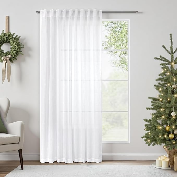 Pitalk 80 Inch Curtains for Living Room 2 Panel Set Back Tab Pocket Pleated Look Extra Wide Long Drape White Linen Curtain for Sliding Door Patio Door Girls Closet Bedroom Modern Farmhouse Decor 60x80