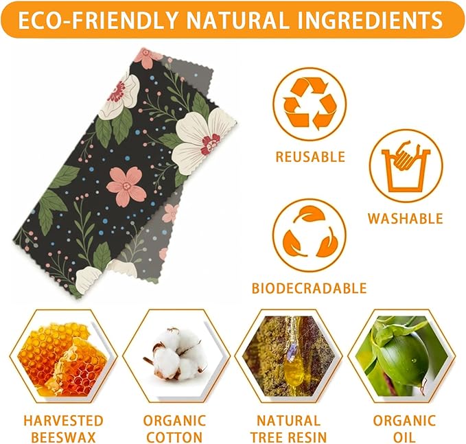 Reusable Beeswax Wraps, 9 Pack Eco-Friendly Food Storage, Organic, Sustainable, Zero Waste, Plastic-Free, For Sandwich, Snack, Bowl, Bread, Fruit, 1XL, 3M, 5S, Assorted Floral Patterns