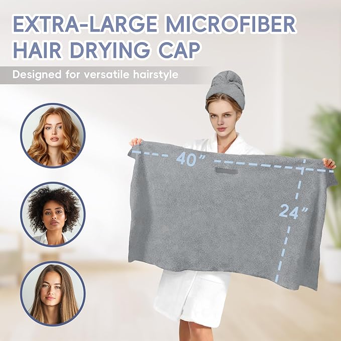 Large Microfiber Hair Towel for Women, Super Soft Absorbent Quick Dry Hair Towel Wrap with Elastic Band, Fast Drying Anti Frizz Hair Turban for Curly Long Thick Wet Hair Care 24''x40'' (Grey)