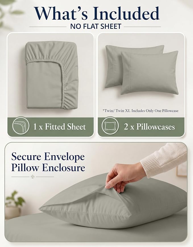 LANE LINEN Queen Fitted Sheet & Pillowcases (No Flat Sheet) - 100% Organic Cotton Soft & Breathable Percale Weave Fitted Sheet Set - GOTS Certified - 15 ''Deep Pocket for Snug Fit - Silver