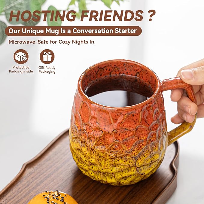 18oz Unique Orange & Yellow Kiln-Change Ceramic Coffee Mug, Handcrafted Hammered Texture Ceramic Mug with Ergonomic Handle, Microwave & Dishwasher Safe, Gift for Coffee Lovers, Home Office Daily Use