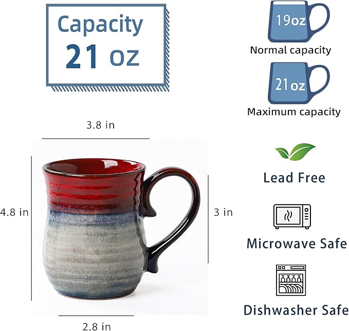 21 oz Large Ceramic Coffee Mugs, Handmade Cup with Large Handle, Big Tea and Coffee Cups for Office and Home, Microwave and Dishwasher Safe (Ink Red)