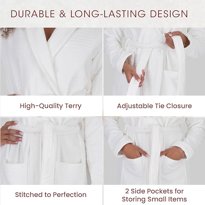 Be Relax Bathrobe for Women - Full Length Terry Cotton Robe with Shawl Collar and Hood, Warm and Cozy Robe with Belt & Pocket