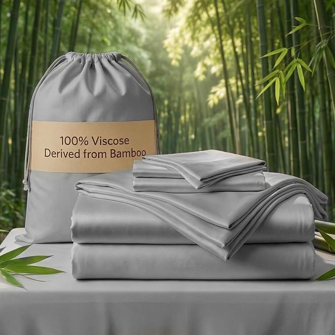 Real 100% Viscose Derived from Bamboo Sheets Set Queen Size, Cooling & Silky Soft for Hot Sleeper, Luxury with Breathable & Moisture Wicking Fabric, 18" Deep Pocket with Corner Straps (Gray, Queen)