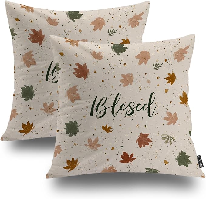 Shrahala Blessed Autumn Leaves Decorative Couch Cover, Cozy Autumn Leaf Pattern Square Throw Pillows Blended Double-Sided No Inserts for Bedroom Living Room Set of 2 (18 x 18 in)