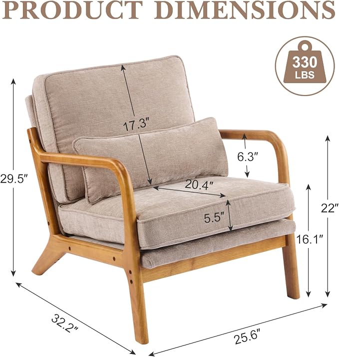 Karl home Mid-Century Modern Accent Reading Chair, Khaki | Chenille Upholstered, Solid Wood Frame, Soft Cushion, Lumbar Pillow, Lounge Armchair for Living Room, Bedroom, Balcony, Study