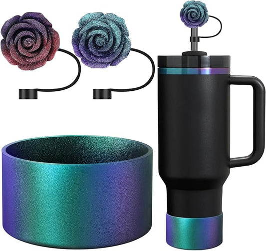Gradient Silicone Boot and 2 PCS 10MM Glitter Straw Cover, Anti-Slip Sleeves Bottom Protector Compatible with Stanley Cup 20 30 40 Oz Water Bottle 2.8-3IN Base Tumbler Accessories Women Gifts