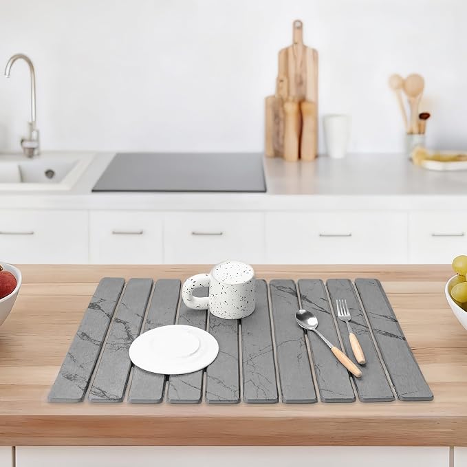 Large Stone Dish Drying Mat for Kitchen Counter ,24×16 inch Marble Diatomaceous Earth Drying Mat ,Foldable Dish Quick Dry Mats ,Multi-purpose Dry Stone Mats for Dishware and Cups