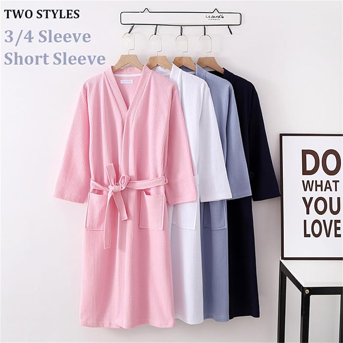 Waffle Bathrobe for Women Men, 3/4 Sleeve/Short Sleeve Kimono Robes, 100% Cotton, Lightweight, Soft Absorbent & Quick Dry