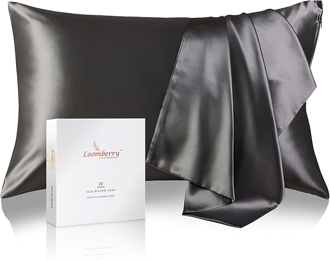 100% Pure Mulberry Silk Pillowcase for Hair and Skin, 6A Grade 22 Momme Silk Pillow Cases with Zipper, Soft Cooling Washable Both Sided Silk Pillow Cover (Charcoal, Queen 20''x30'')