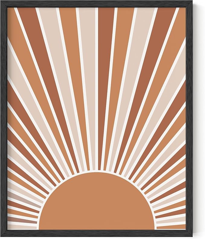 Boho Rising Sun Wall Art Sunburst Rays Earth Tones Terracotta Mid Century Modern 8x10 Inch Oak Wood Black Framed Minimalist Landscape Sunshine Print for Nursery Decor
