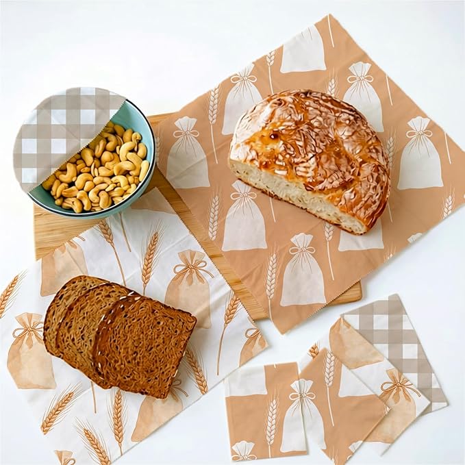 Reusable Beeswax Wrap, 9 Pack Sheets for Bread, Fruit, Bowl, Organic, Sustainable, Zero Waste, Plastic-Free Food Storage, 1XL, 3M, 5S, Flour Sack and Gingham Pattern