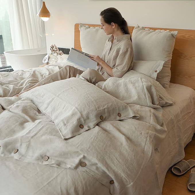 Simple&Opulence 100% Linen Duvet Cover Set 3pcs with Coconut Button Closure Natural French Washed Flax Solid Color Soft Breathable Farmhouse Bedding - Linen, Full Size