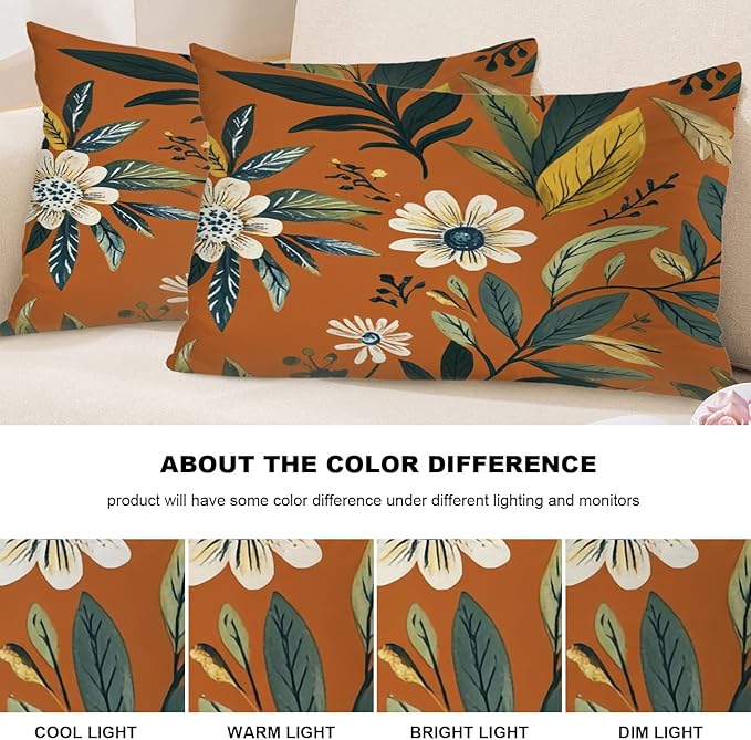 Shrahala Natural Aesthetic Organic Decorative Throw Pillow Cover, Free Form Flowers Earthy Color Lumbar Pillowcase Blended Double-Sided No Inserts for Bedroom Living Room Set of 2 (12 x 20 in)
