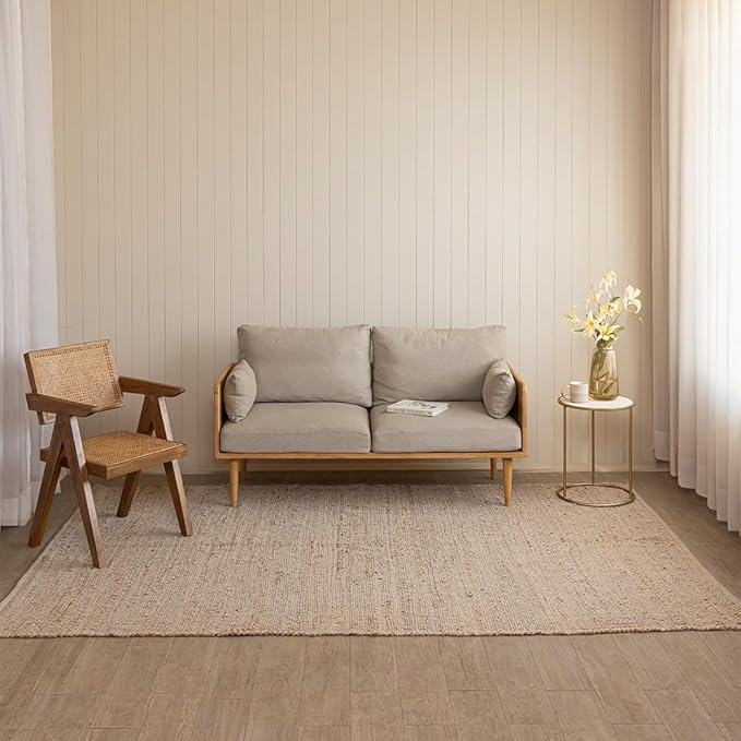 HOMEMONDE Hand Woven Jute Cotton Area Rug 6' x 9' ft Rectangle Natural Farmhouse Rug - Rustic Vintage Boho Decor Rug for Living Room, Bedroom, Dining Room