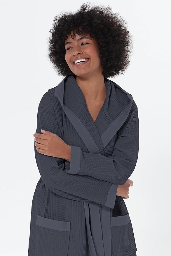 SEYANTE Women's Organic Cotton Waffle Kimono, Hooded Robe – GOTS Certified Lightweight Full-Length Spa Bathrobe with Piping