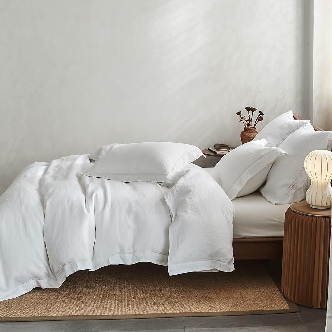Simple&Opulence 100% Washed Linen Duvet Cover with Embroidered, 3 Pieces Soft Farmhouse Comforter Set with Button Closure,1 Duvet Cover and 2 Pillowshams(Queen, White)