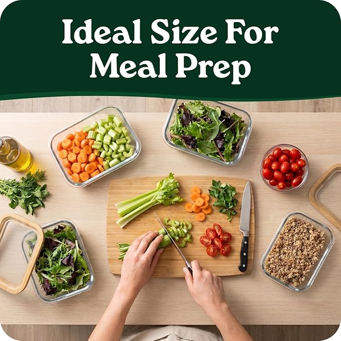 6-Pack Glass Food Storage Containers with Clear-Top Bamboo Lids – Plastic Free 27 Oz Glass Meal Prep Containers for Lunch, Eco Friendly Airtight Food Storage, Microwave & Freezer Safe
