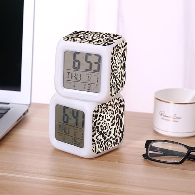 Digital Alarm Clock,Leopard Texture 7 Color Change LED Digital Alarm Clock with Date Thermometer for Toddlers,Girls and Boys