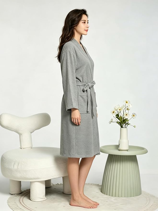 Waffle Robes for Women Knit Cotton Soft Spa Bathrobe | Lightweight Loungewear, Knee Length with Pockets, V Neck, Kimono, Absorbent, Breathable, Removable Belt