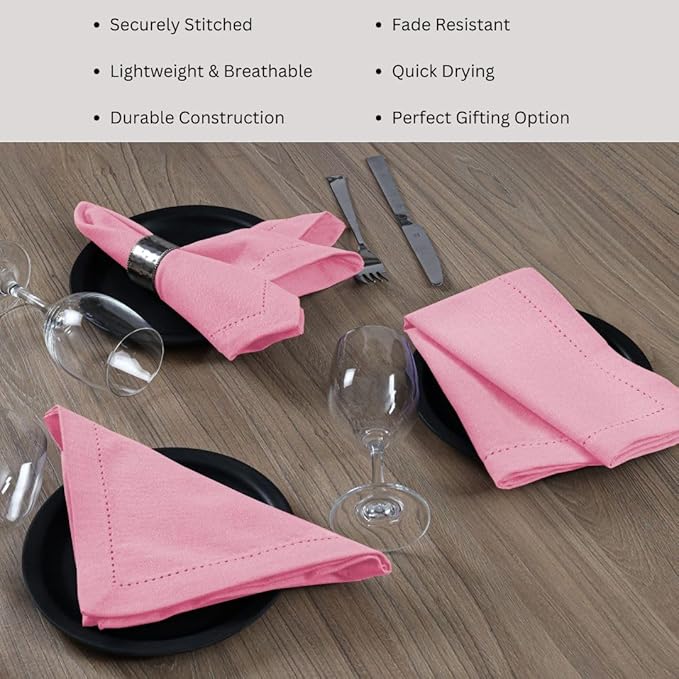 Hemstitch Dinner Napkins 100% Cotton Set of 6 - for Dining Special Occasions Weddings Parties Holidays Easter - Soft Durable Reusable - Elegant 18x18 Inch Table Cloth Napkins Baby Pink