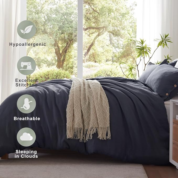 TOSMO 100% Linen Duvet Cover Set with Button Closure, 3 Pieces (1 Duvet Cover with 2 Pillowcases), Soft Breathable Durable Farmhouse Bedding - King, Charcoal Grey