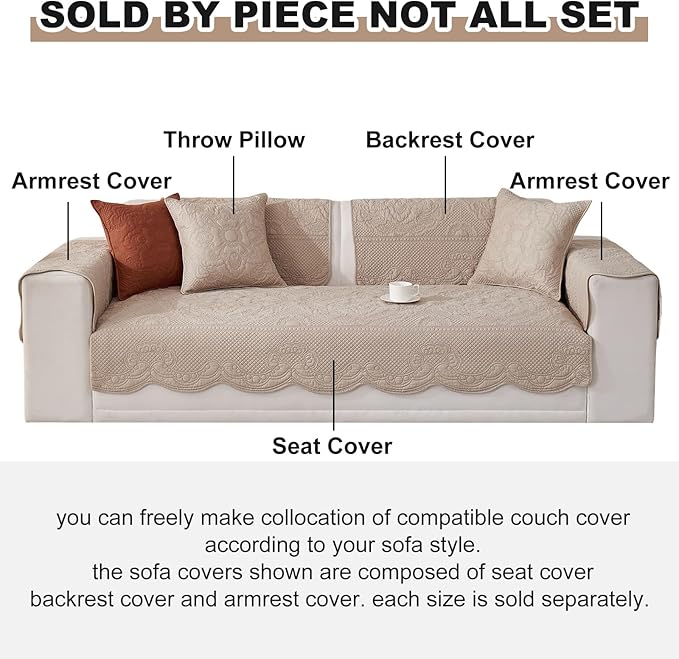 vctops Boho Cotton Quilted Couch Cover Soft Embroidered Sofa Cover Non-Slip Dog Bed Cover Scalloped Sofa Slipcover Washable Furniture Protector Cover (Khaki,28"x70")