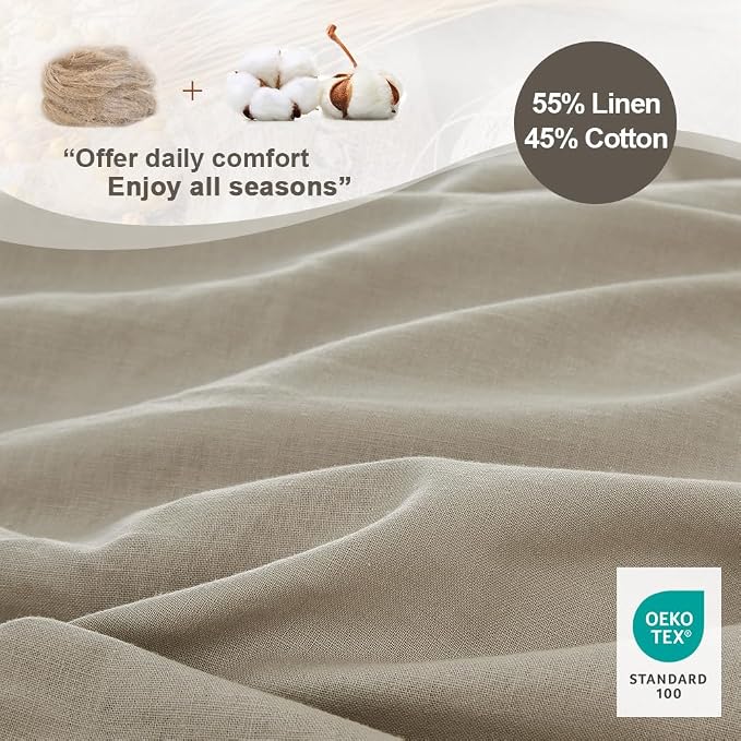 Simple&Opulence French Linen Duvet Cover Set 88" x 92"- 3 Pieces (1 Comforter Cover,2 Pillowcases)- Natural Flax Cotton Blend-Solid Color Breathable Farmhouse Bedding- Khaki, Queen