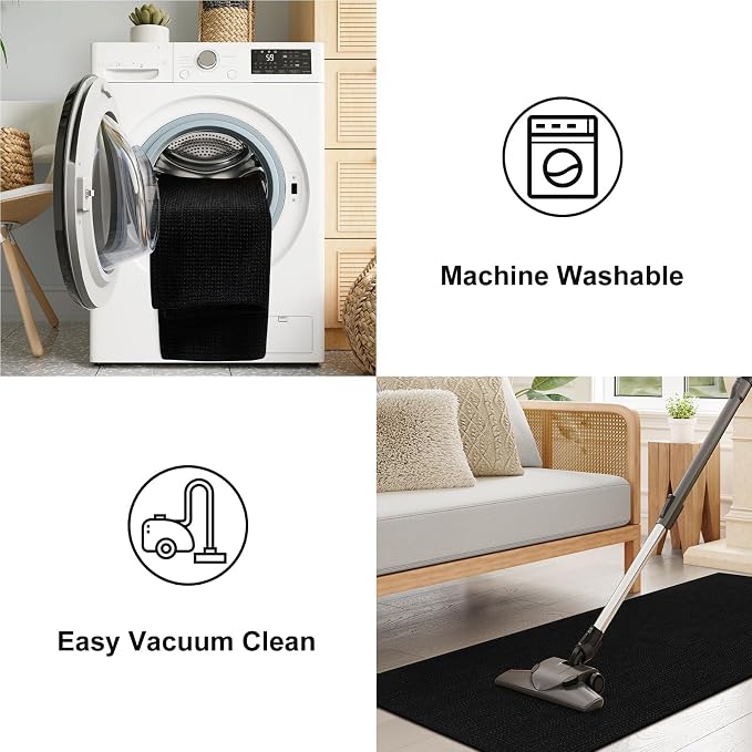 Uphome Kitchen Runner Rug, 2x4'3 Washable Boho Rug Runners for Hallways Non Slip, Low Pile Woven Cotton Modern Carpet Runners, Stain Resistant Bedroom Runner Rug for Hallway Entryway Entrance, Black