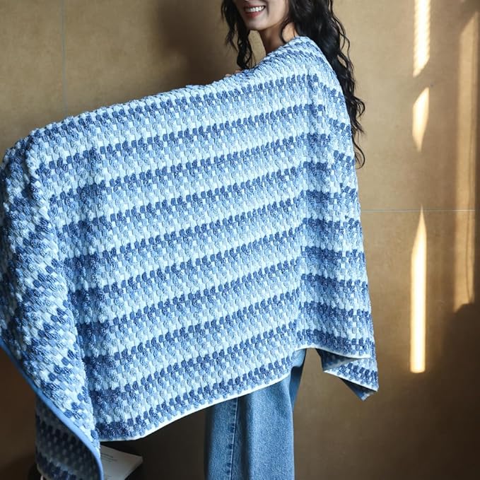 Premium Luxury Waffle Weave Cotton Towel Set - 160g Hand Towel & 650g Oversized Bath Towel (30"x60") - Ultra Absorbent, Quick-Dry, Soft Textured Jacquard (Sea Salt Blue)