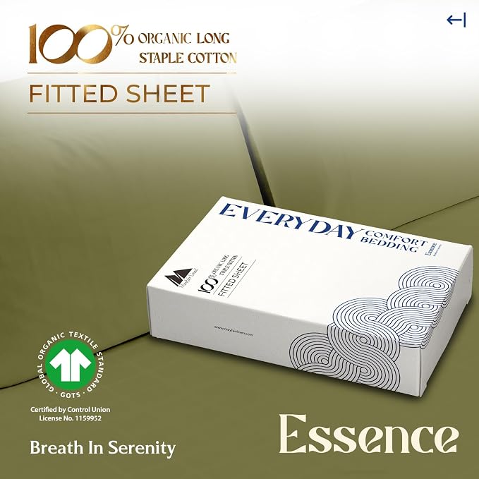 Mayfair Linen 100% Organic Cotton Percale Weave Fitted Sheet California King Size, Sage Green, 1 Deep Pocket Cal King Fitted Sheet, Fits Mattress Upto 16" Crisp & Cool Bed Linen, Luxury GOTS Certified