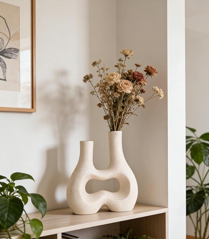 Modern Double Neck Hollow Vase, Minimalist Nordic Resin Sculpture for Home Decor, Boho Wabi-Sabi Vase for Living Room Bedroom Office Table Centerpiece (Ivory)