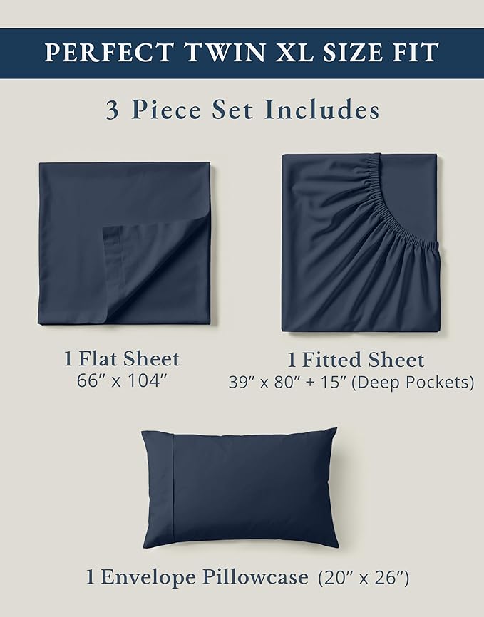 LANE LINEN 100% Organic Cotton Mercerized Twin XL Sheet Set, Reinforced Seams Machine Washable Extra Long Twin Bedding Set, Luxury Hotel Quality Cotton Sheets - Navy