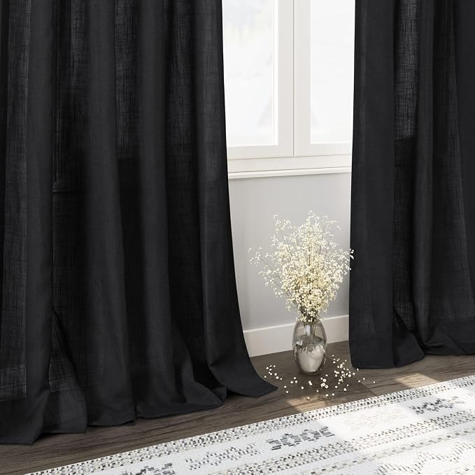 Nanspring Black 102 Inch Linen Curtains for Living Room Back Tab Rod Pocket Privacy Semi Sheer Light Filtering Curtains Simple Modern Soft Material Panel Drapes for Bedroom,2 Panels, 60x102