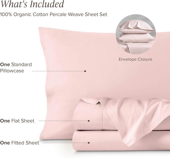 Bare Home 100% Organic Cotton Twin Sheet Set - Crisp Percale Weave - Lightweight & Breathable - Bedding Sheets & Pillowcases (Twin, Dusty Pink)