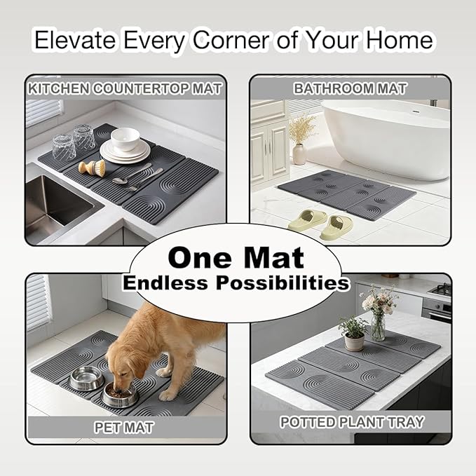 23.6"×15.7" Diatomaceous Earth Stone Dish Drying Mat, Foldable Super Absorbent Quick Dry Non-Slip Eco-Friendly Pad for Kitchen Counter, Dishes, Cups, Bottles & Utensils, Dark Gray