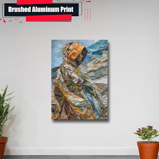 Print artistic nicely depicts a wild mountains, many pieces of fabric and torn paper of different textures and colors, Minimalist Wall Art, Wall