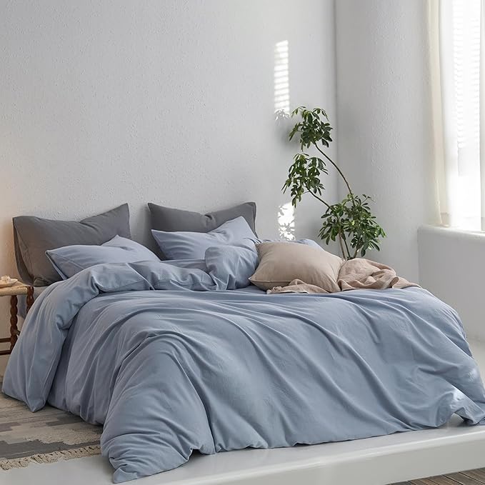 MooMee Bedding Duvet Cover Set 100% Washed Cotton Linen Twill Thick Sturdy Material Super Soft Breathable Durable for All Season 3 Pieces (Cornflower Blue, King)
