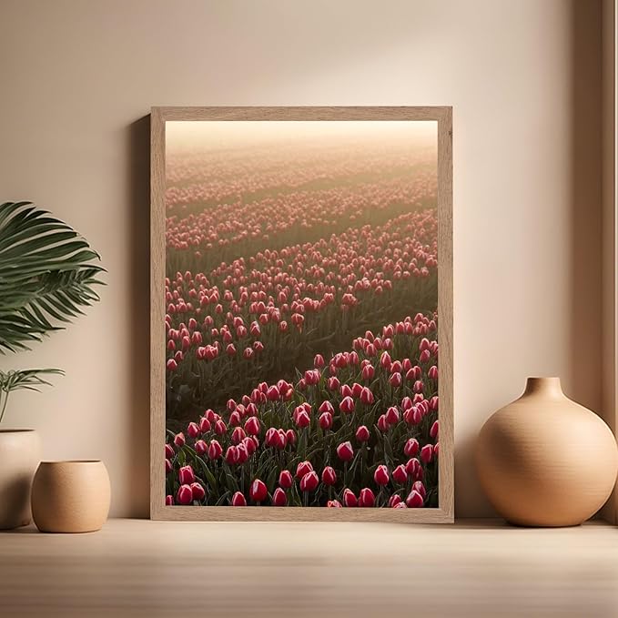 Monem Art Golden Tulip Field Sunset Photography Print - Romantic Spring Landscape Art Poster - Wall Decor for Living Room, Bedroom or Office - 16x20 Beige Framed Wall Art by Mareike Bohmer